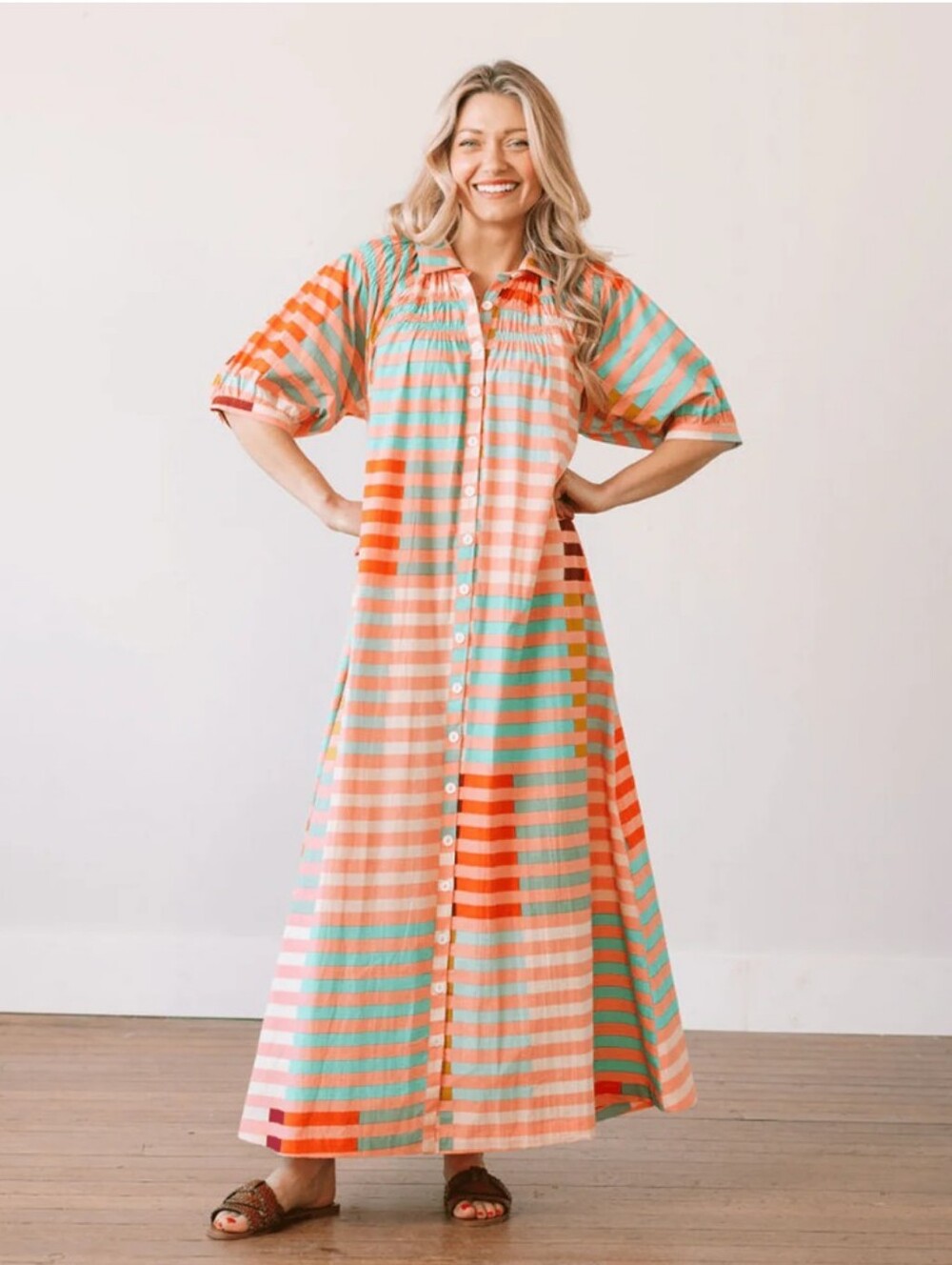 Sunshine Tienda Apricot Colorful Stripe Oasis Poplin Dress M Maxi 🩷